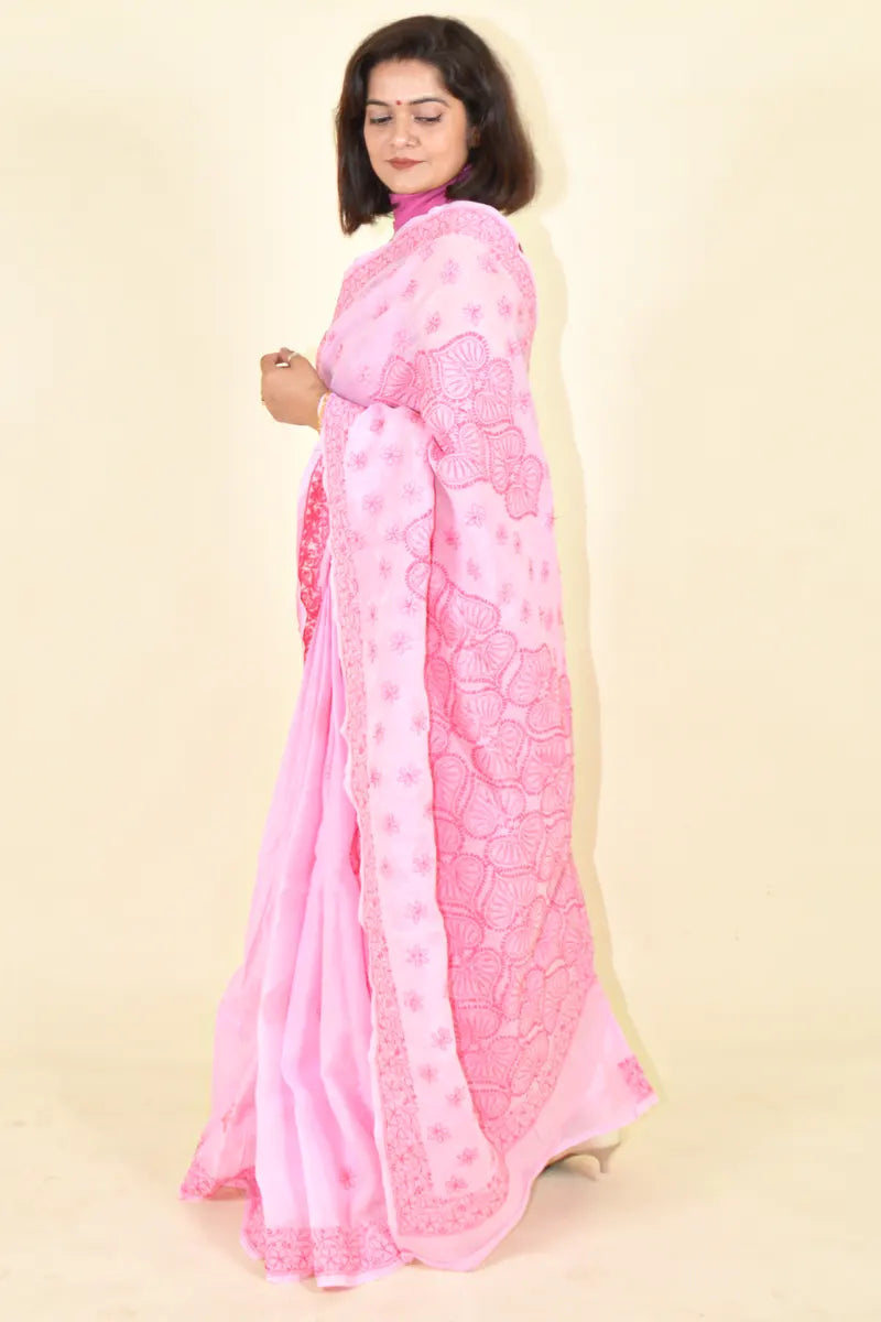 Fabnuma Handcrafted Pink Cotton Chikankari Saree-Blouse - Fabnuma
