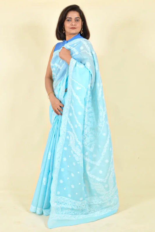 Fabnuma Handcrafted Sea Green Cotton Chikankari Saree-Blouse - Fabnuma