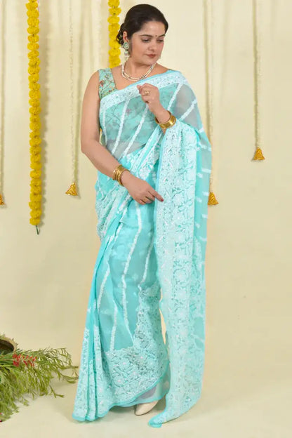 Fabnuma Handcrafted Sea Green Georgette Chikankari Saree-Blouse - Fabnuma