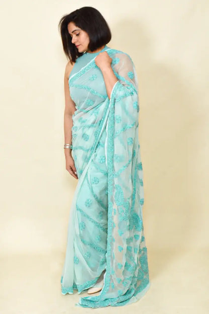 Fabnuma Handcrafted Sky Blue Georgette Chikankari Saree-Blouse - Fabnuma