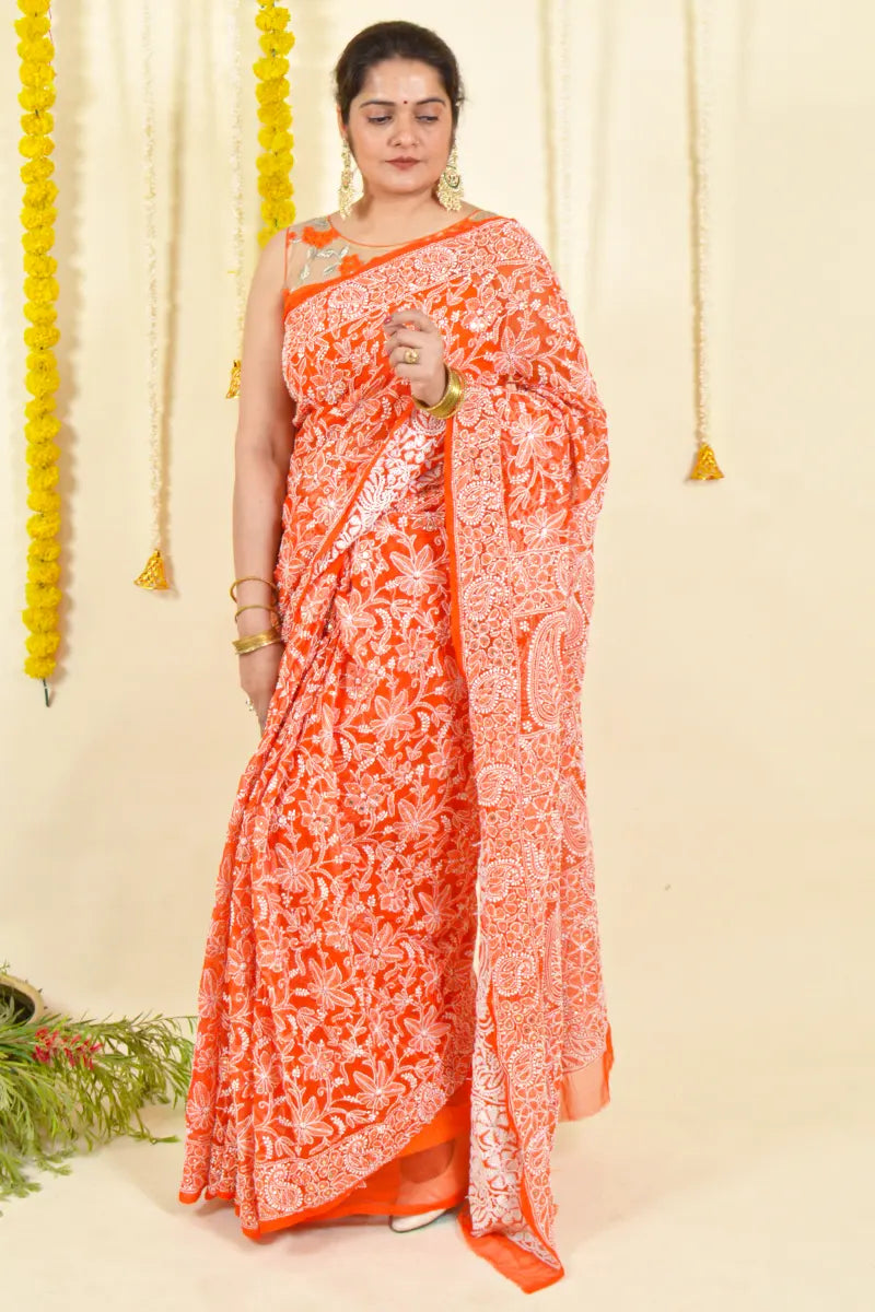 Fabnuma Handcrafted Orange Georgette Chikankari Saree-Blouse Fabnuma