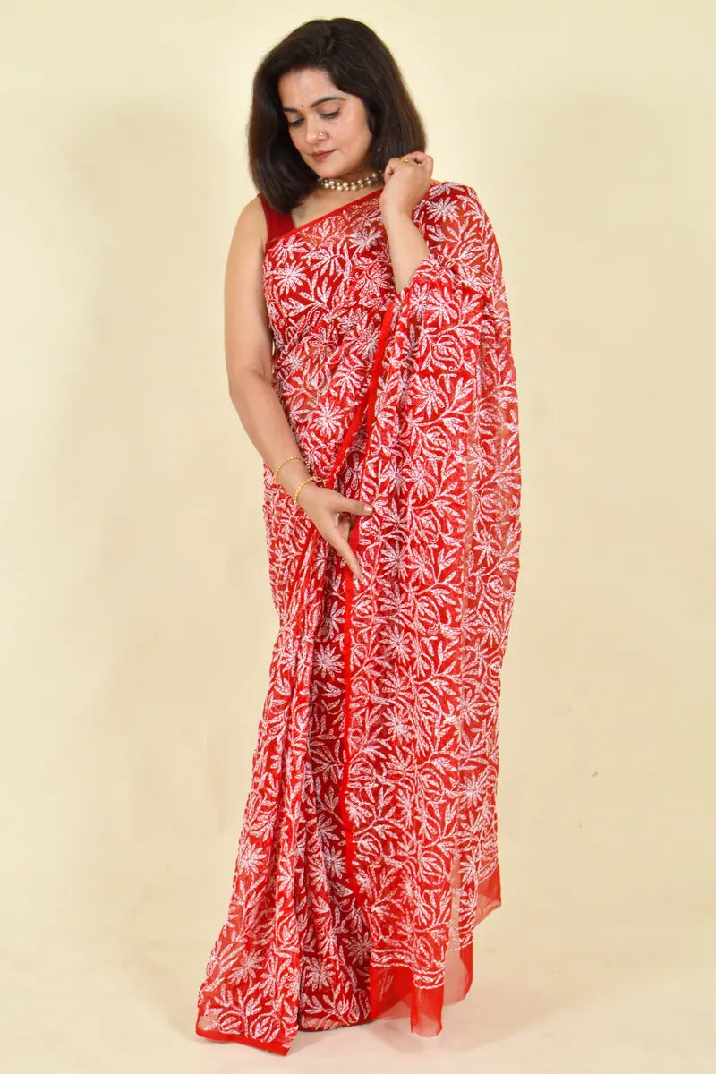 Fabnuma Handcrafted Red Georgette Chikankari Saree-Blouse - Fabnuma