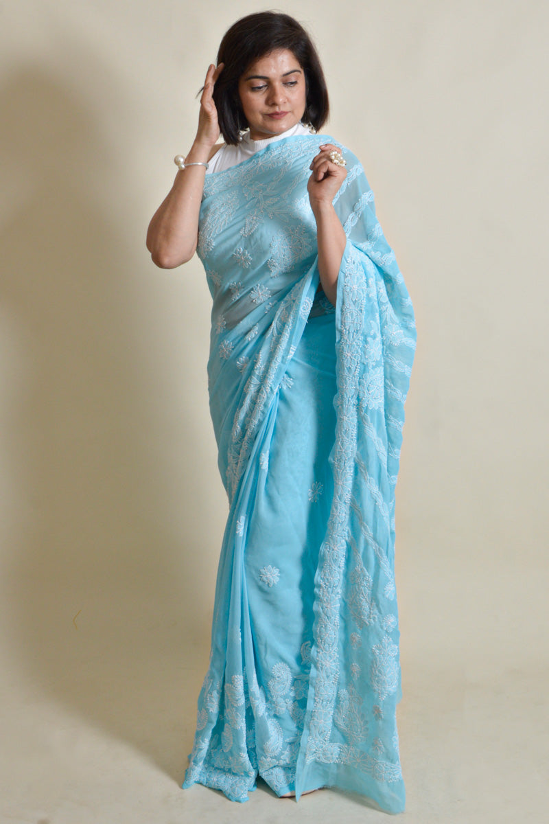 Fabnuma Handcrafted Sky Blue Georgette Chikankari Saree-Blouse - Fabnuma