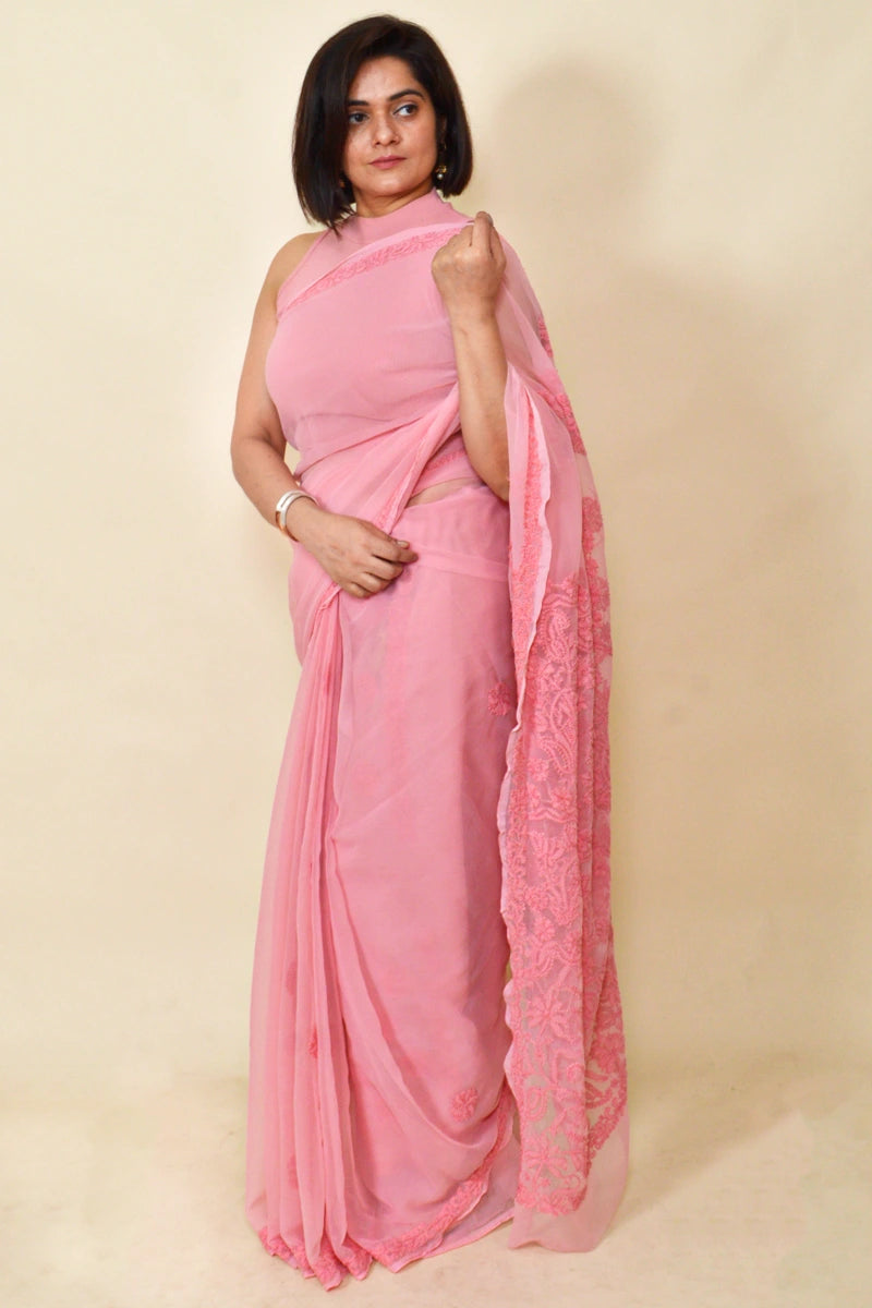 Fabnuma Handcrafted Peach Georgette Chikankari Saree-Blouse - Fabnuma