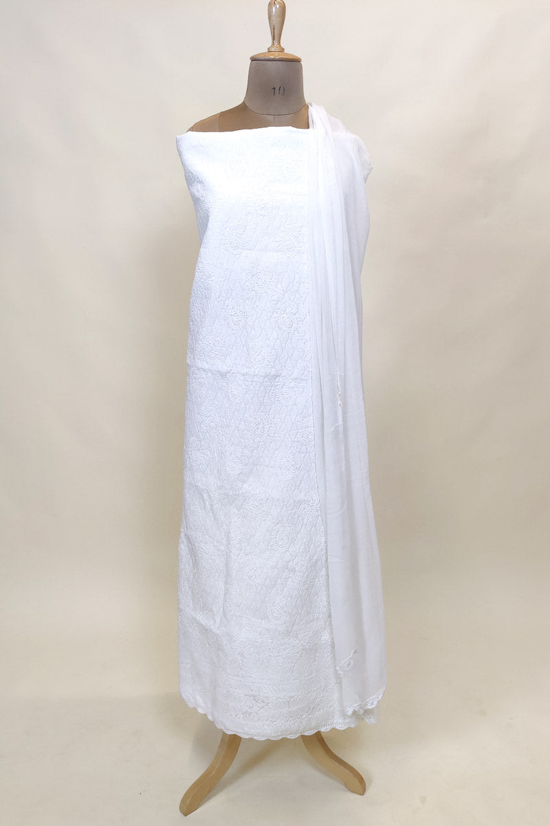 Fabnuma Handcrafted White Cotton Chikankari 3Pcs Unstiched Suit Set - Fabnuma