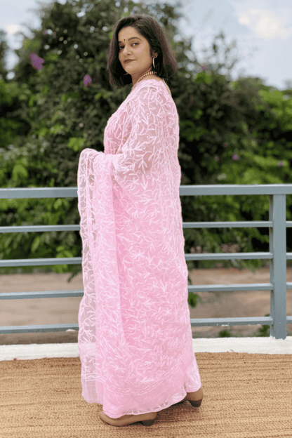 MeMaana Handcrafted Pink Georgette Tepchi Chikankari Saree-Blouse