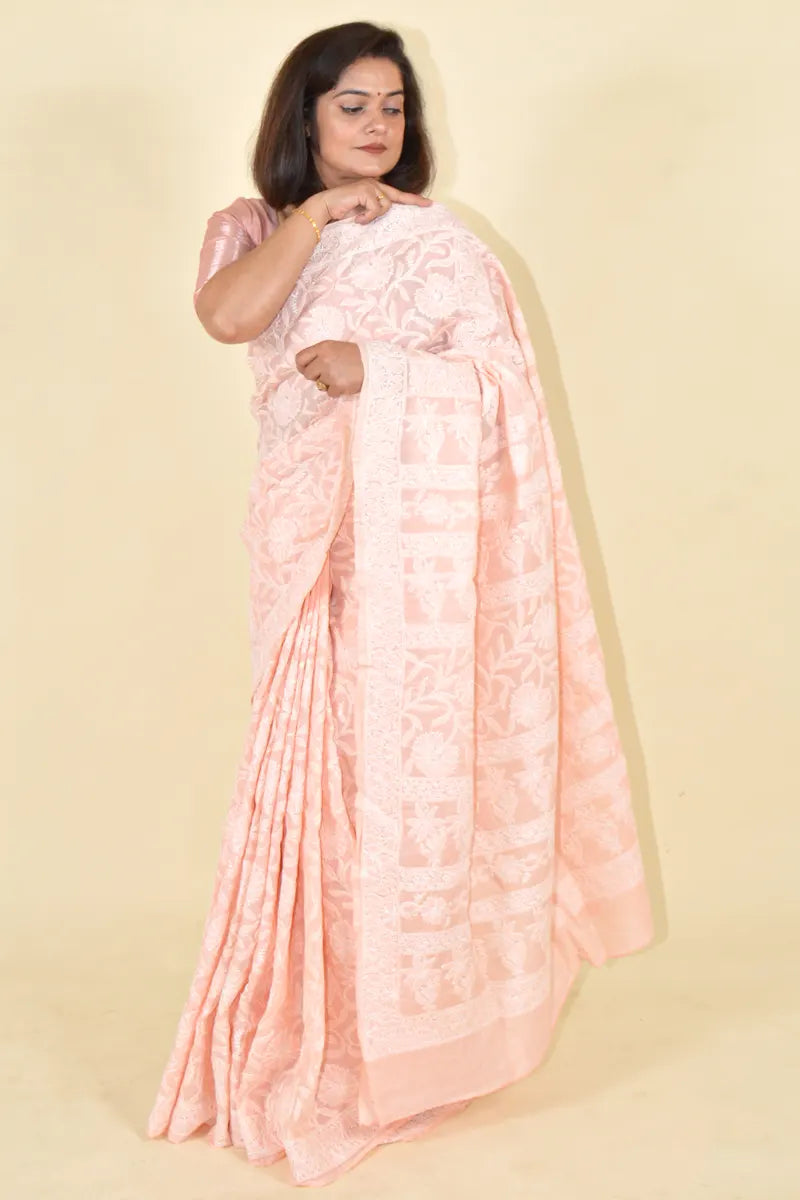 MeMaana Handcrafted Peach Cotton Chikankari Saree-Blouse MeMaana