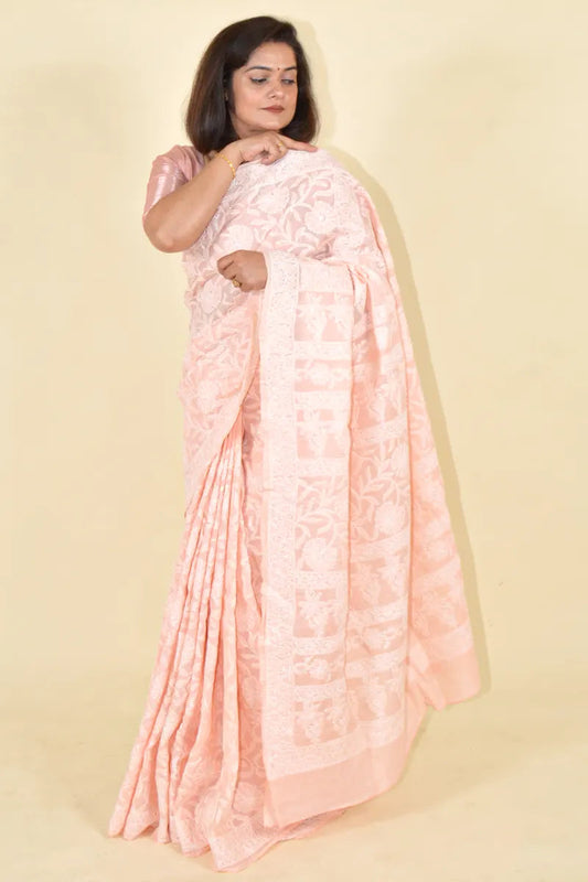 Fabnuma Handcrafted Peach Cotton Chikankari Saree-Blouse Fabnuma