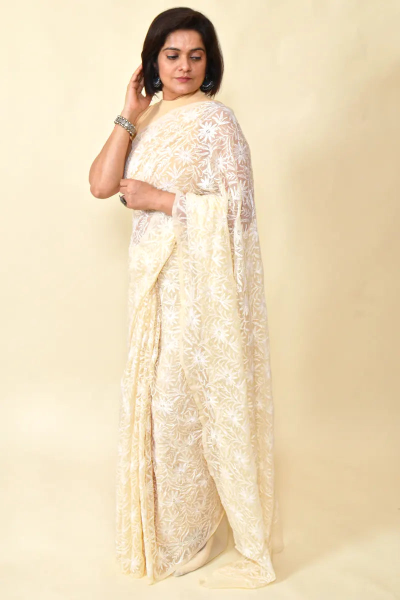 Fabnuma Handcrafted Beige Georgette Tepchi Chikankari Saree-Blouse - Fabnuma