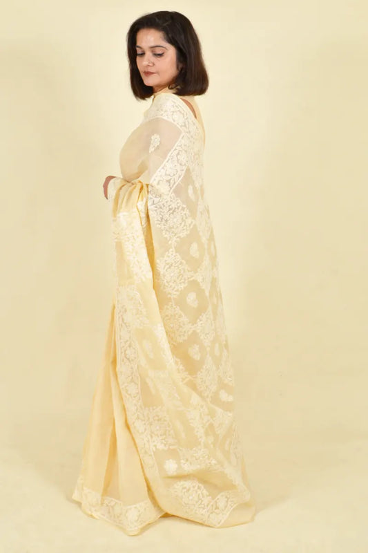 Fabnuma Handcrafted Beige Cotton Chikankari Saree-Blouse - Fabnuma