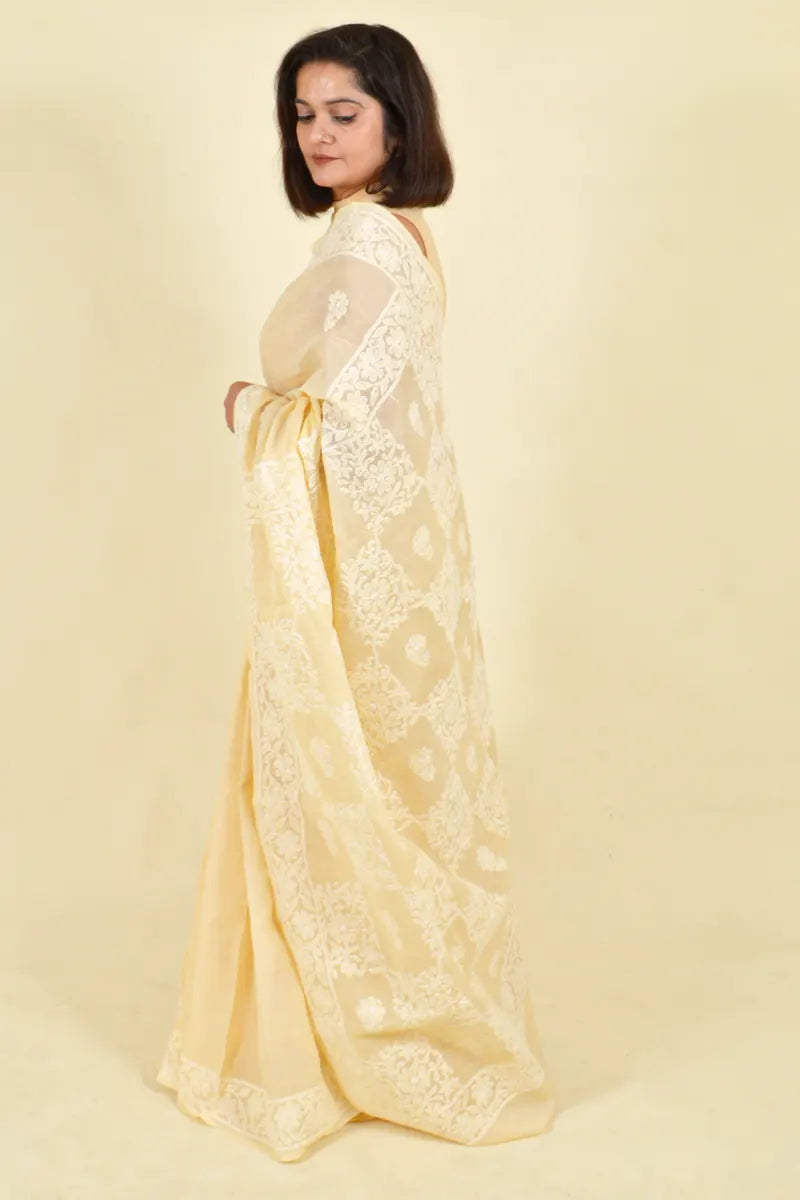 Fabnuma Handcrafted Beige Cotton Chikankari Saree-Blouse - Fabnuma