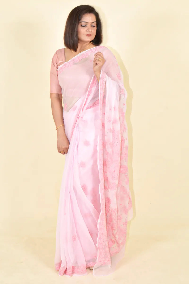 Fabnuma Handcrafted Pink Georgette Chikankari Saree-Blouse - Fabnuma