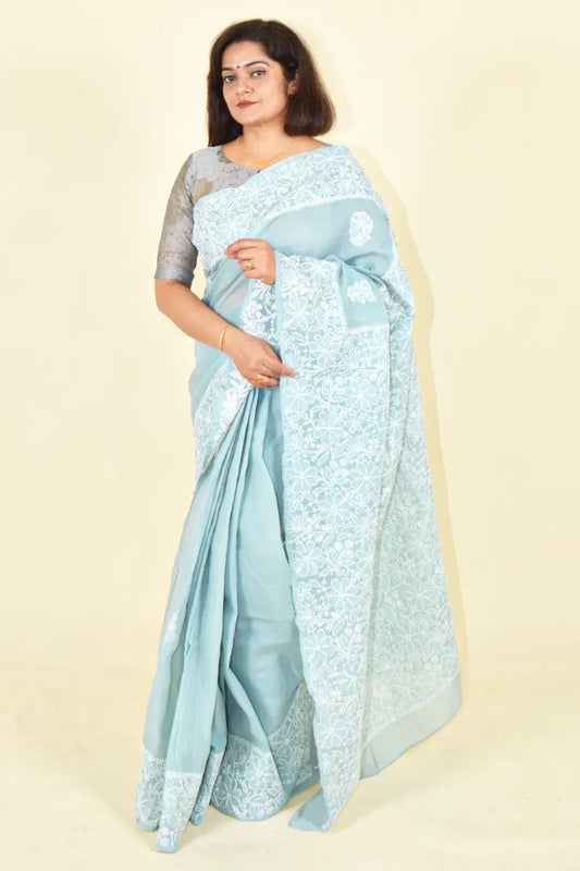 Fabnuma Handcrafted Gray Cotton Chikankari Saree-Blouse - Fabnuma