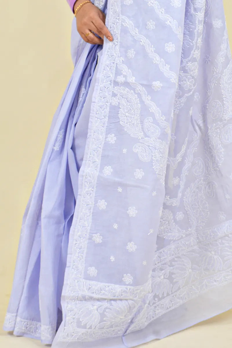 Fabnuma Handcrafted Lavender Cotton Chikankari Saree-Blouse - Fabnuma