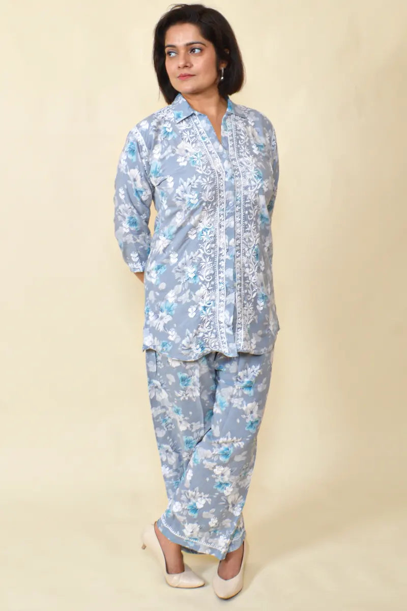 Fabnuma Handcrafted Grey Chikankari Rayon Cord Set - Fabnuma