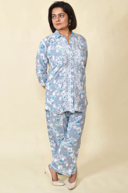 Fabnuma Handcrafted Grey Chikankari Rayon Cord Set - Fabnuma