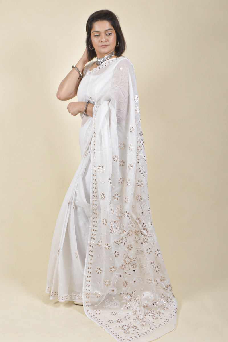 Fabnuma Handcrafted White Kota Cotton Chikankari Saree-Blouse - Fabnuma