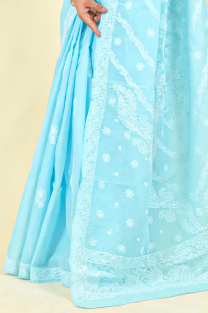 Fabnuma Handcrafted Sea Green Cotton Chikankari Saree-Blouse - Fabnuma