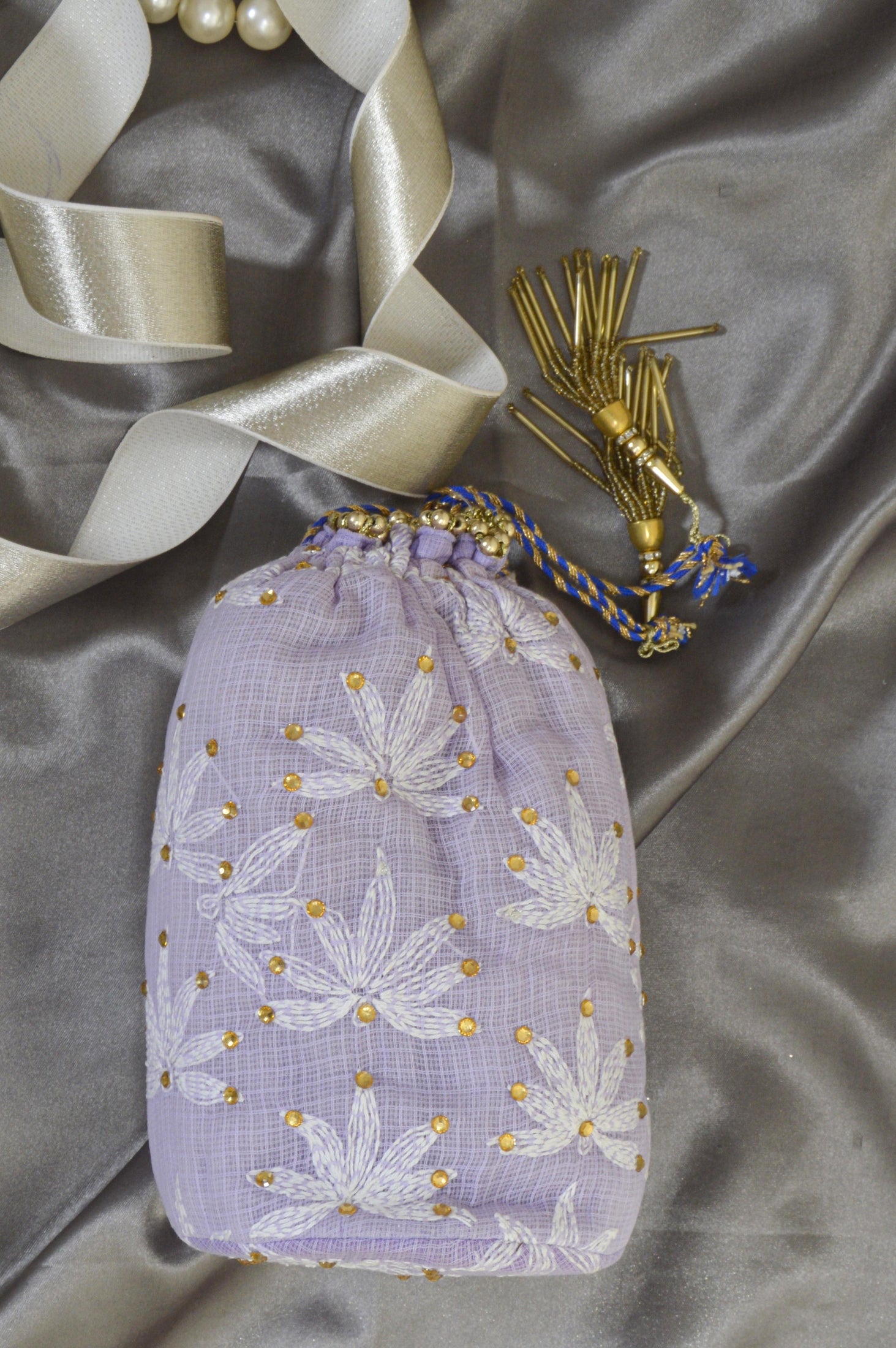 Fabnuma Handcrafted Lavender Chikankari Potli Bag - Fabnuma