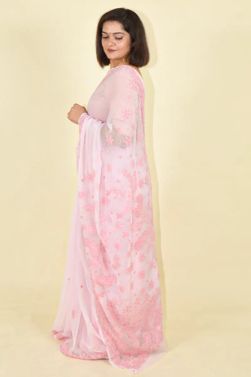 Fabnuma Handcrafted Pink Georgette Chikankari Saree-Blouse - Fabnuma