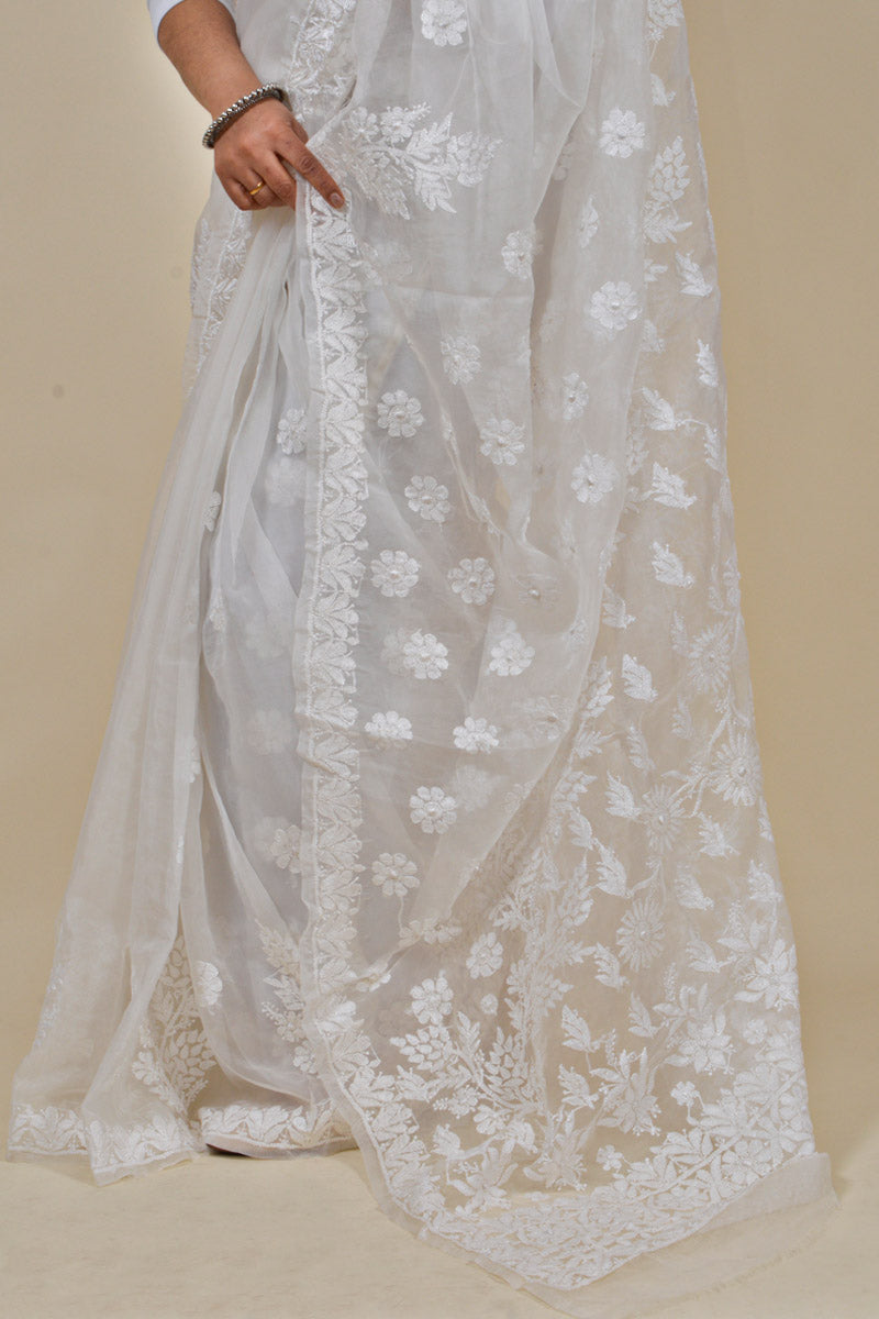 Fabnuma Handcrafted White Organza Chikankari Saree-Blouse - Fabnuma