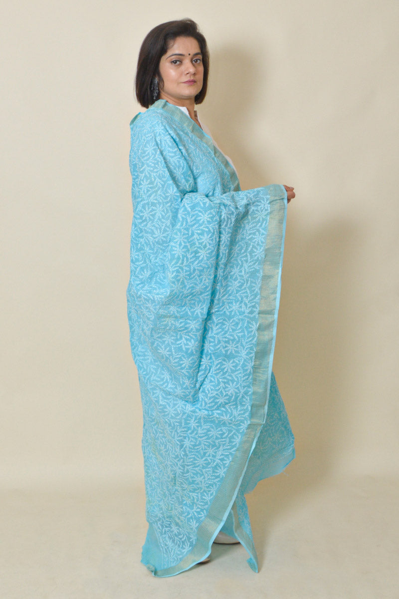 Fabnuma Handcrafted Sky Blue Kota Cotton Chikankari Dupatta - Fabnuma