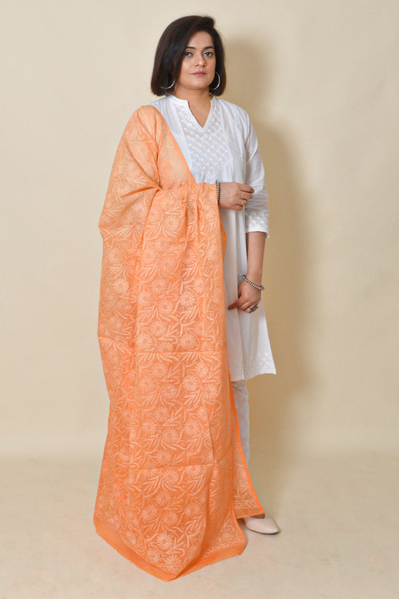 Fabnuma Handcrafted Orange Kota Cotton Allover Tepchi Chikankari Dupatta - Fabnuma