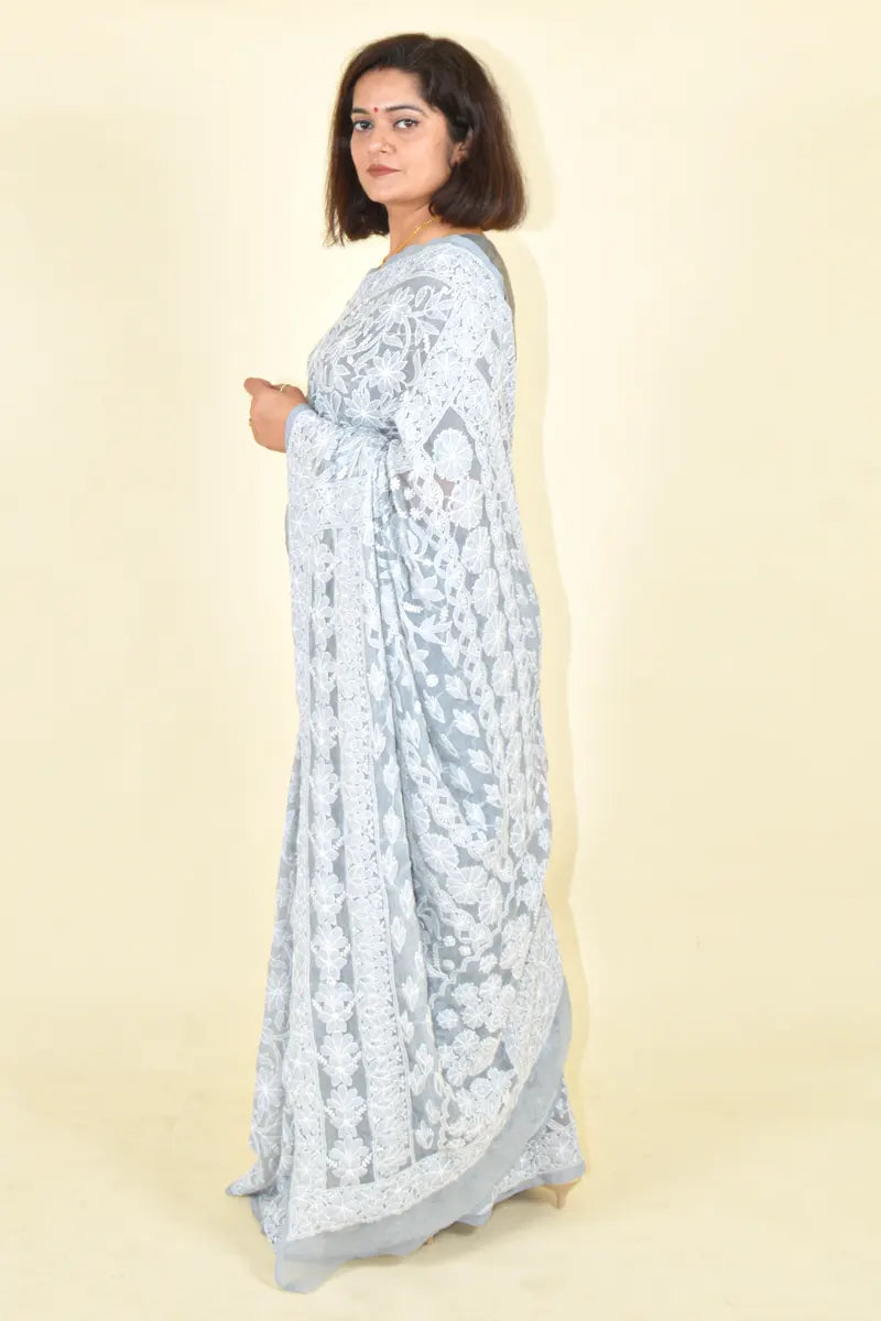 Fabnuma Handcrafted Gray Georgette Chikankari Saree-Blouse - Fabnuma