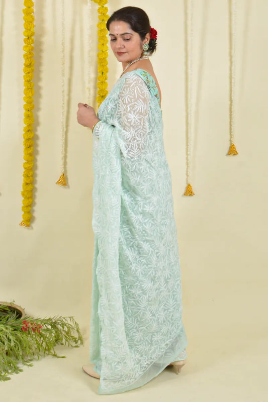 Fabnuma Handcrafted Mint Green Georgette Chikankari Saree-Blouse - Fabnuma