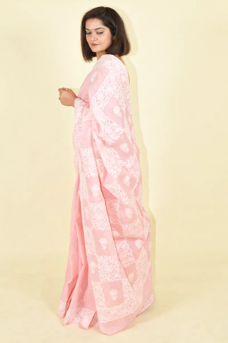 MeMaana Handcrafted Peach Cotton Chikankari Saree-Blouse MeMaana