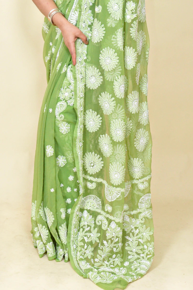 Fabnuma Handcrafted Green Georgette Chikankari Saree-Blouse - Fabnuma