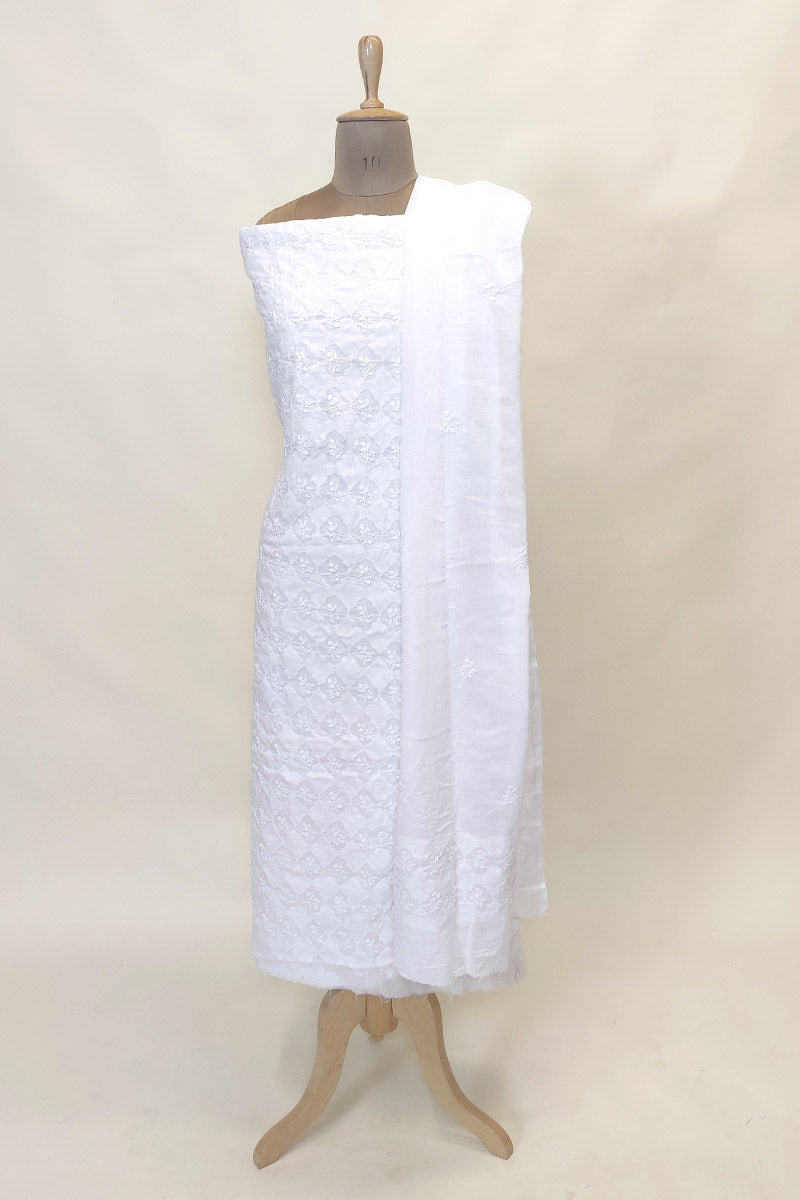 Fabnuma Handcrafted White Cotton Chikankari 3Pcs Unstiched Suit Set-Daraj Work - Fabnuma