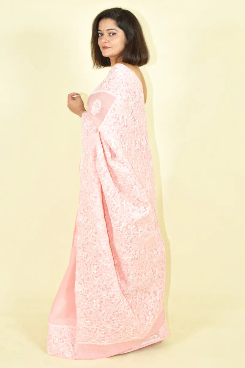 Fabnuma Handcrafted Peach Cotton Chikankari Saree-Blouse - Fabnuma