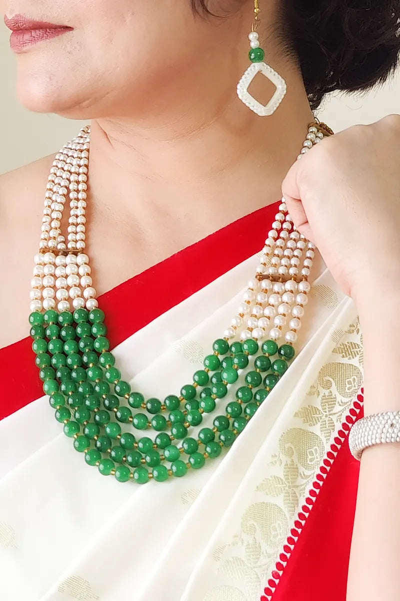 Fabnuma Handcrafted Green & White Layers Necklace & Dangle Earrings - Fabnuma