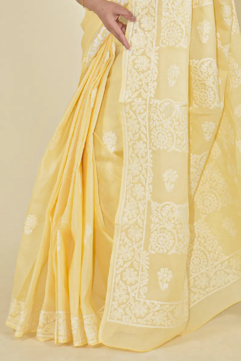 Fabnuma Handcrafted Fawn Cotton Chikankari Saree-Blouse - Fabnuma