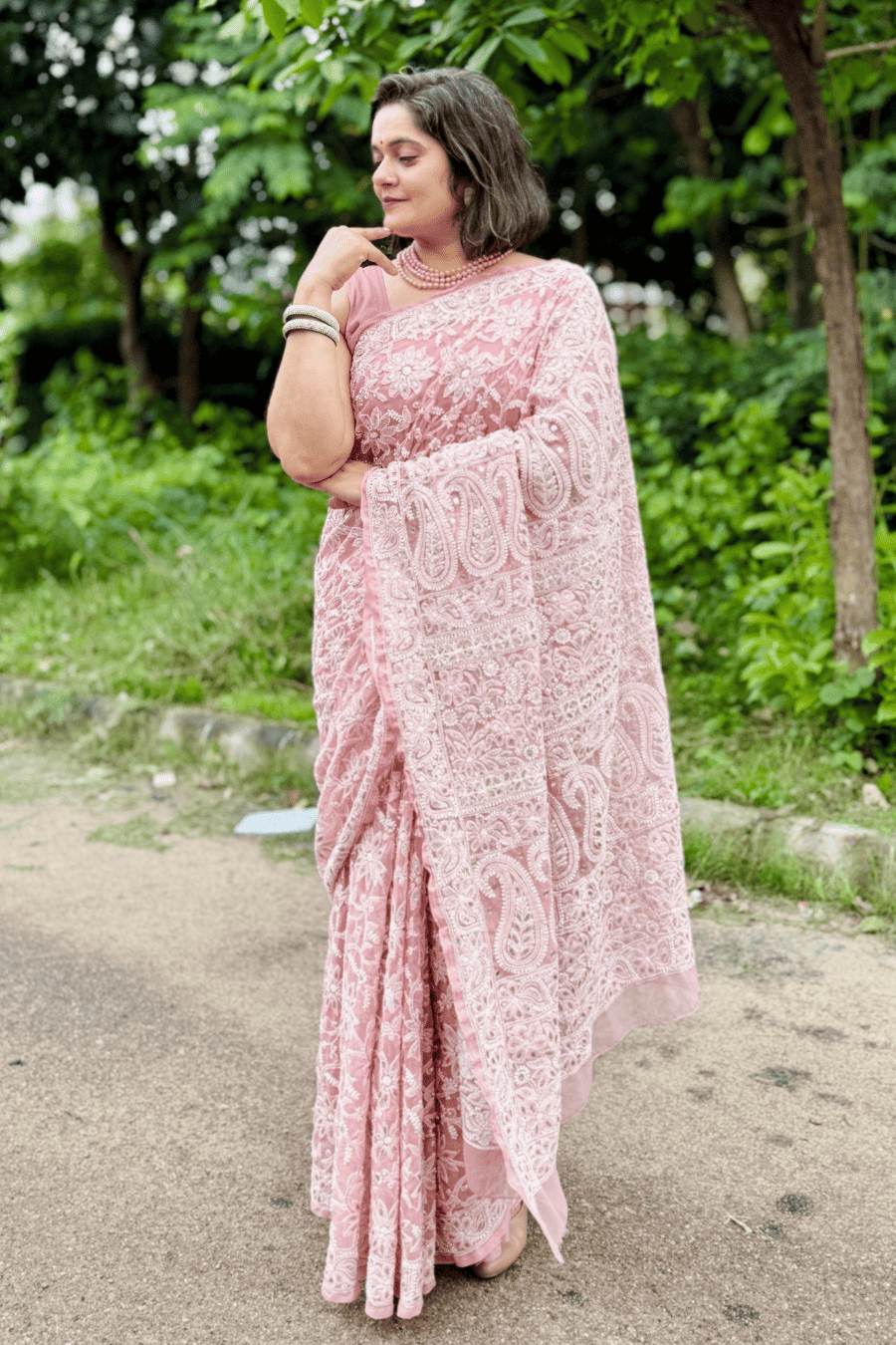MeMaana Handcrafted Peach Georgette Gotapatti Chikankari Saree-Blouse