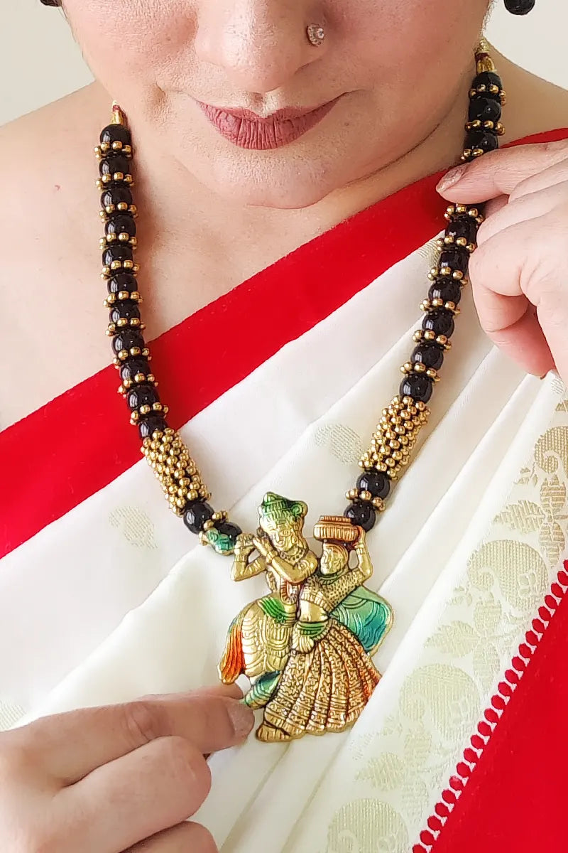 Fabnuma Handcrafted Black Glass Beads Neckpiece Radha Krishna Plated Pendant & Dangle Earrings - Fabnuma