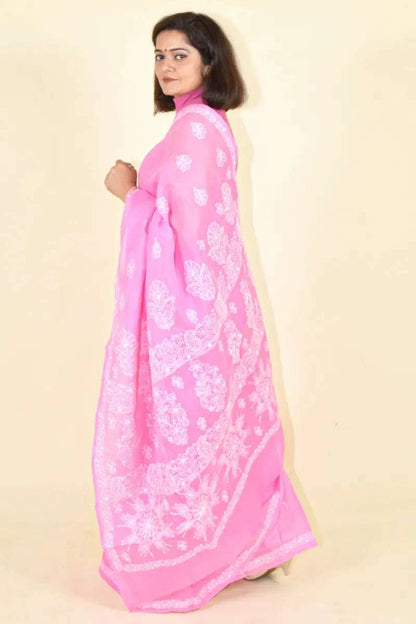 MeMaana Handcrafted Pink Cotton Chikankari Saree-Blouse MeMaana