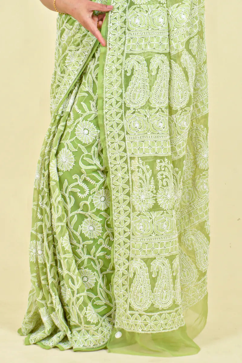 Fabnuma Handcrafted Green Georgette Chikankari Saree-Blouse - Fabnuma