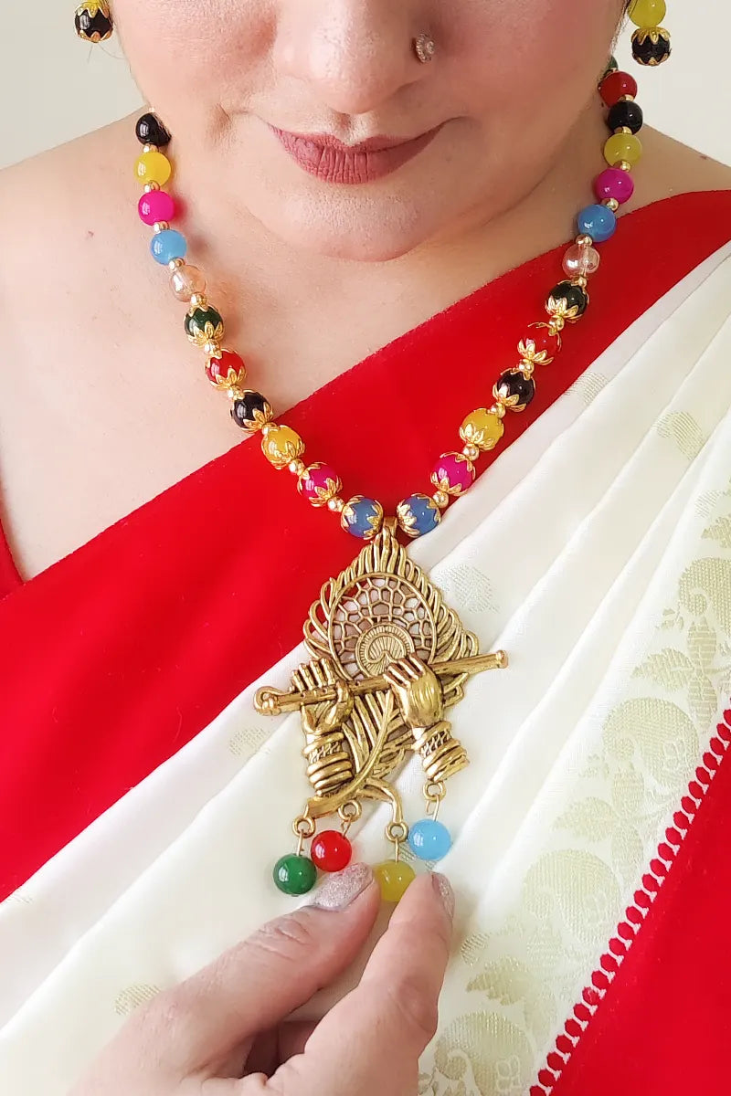 Fabnuma Handcrafted Multi Golden Oxidize Antic Plated Pendant Neckpiece & Dangle Earrings - Fabnuma