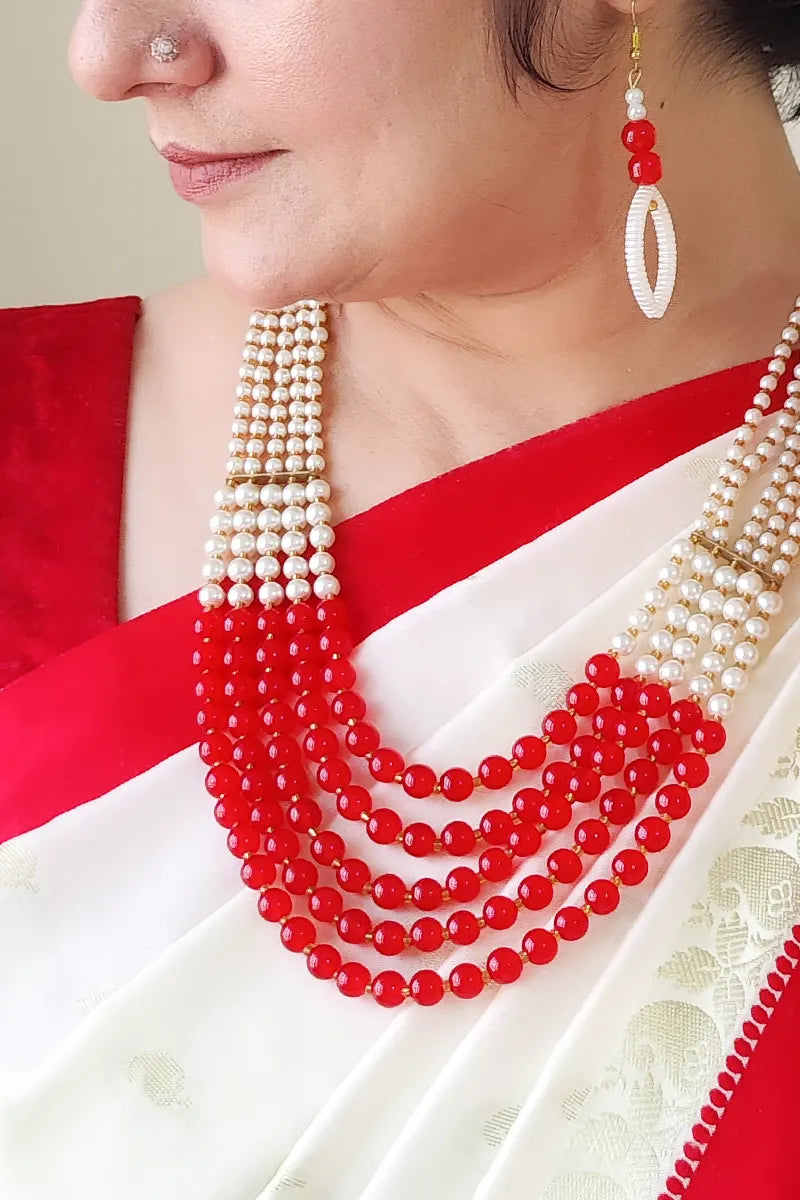 Fabnuma Handcrafted Red & White Beaded Layer Neckpiece & Dangle Earrings - Fabnuma