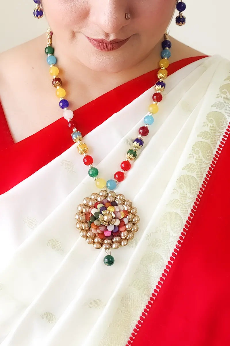 Fabnuma Handcrafted Multi Beaded Neckpiece Ston Plated Pendant-Dangle Earrings - Fabnuma