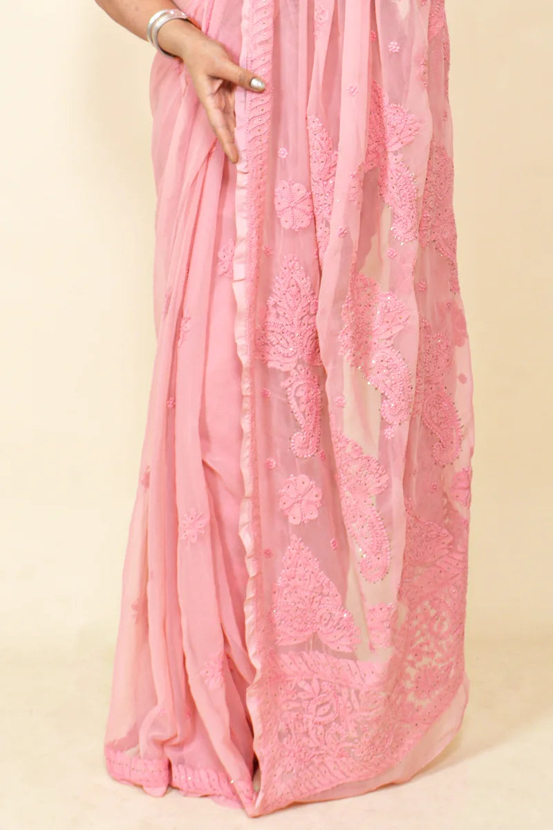 Fabnuma Handcrafted Peach With Mukaish Work Georgette Chikankari Saree-Blouse - Fabnuma