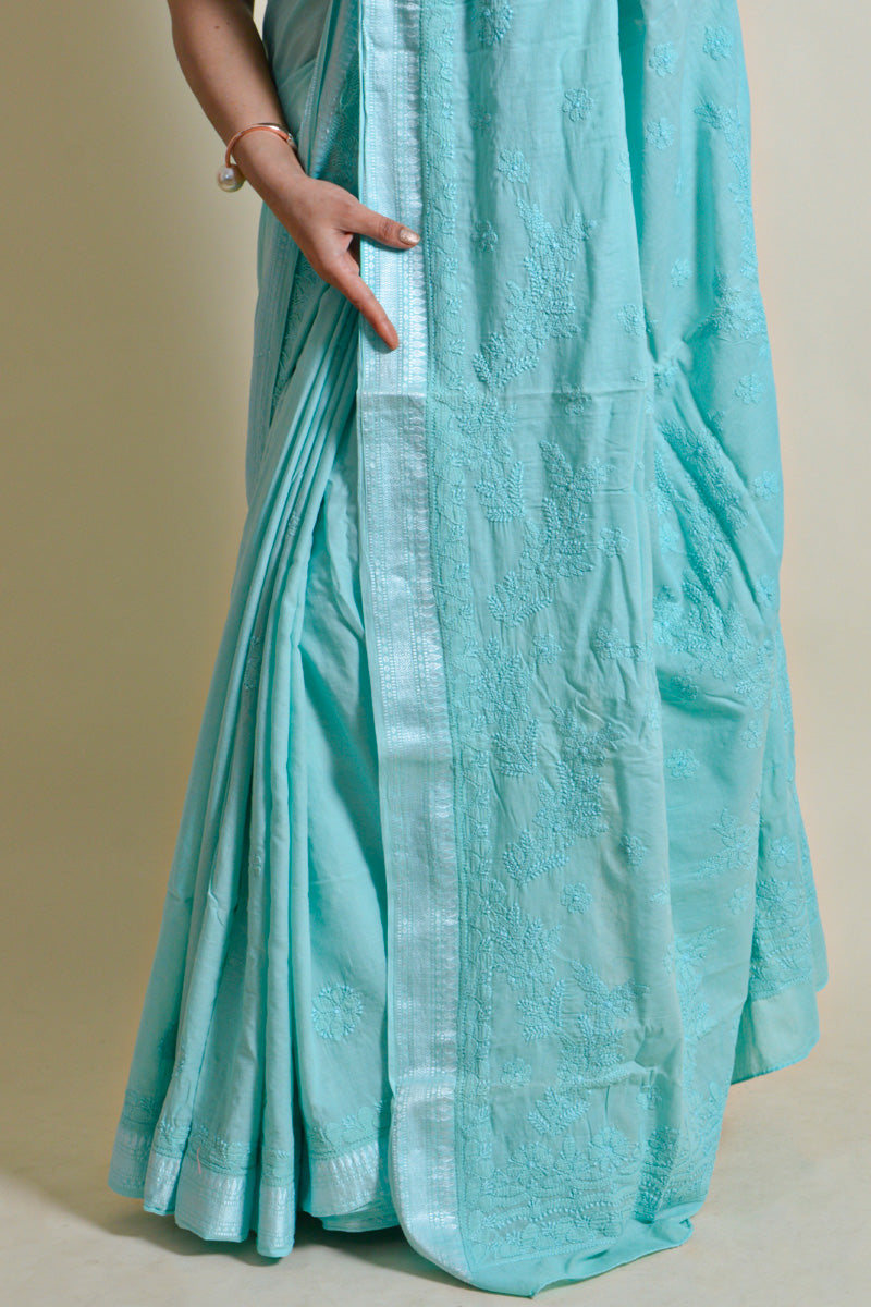 Fabnuma Handcrafted Sea Green Mulmul Cotton Chikankari Saree-Blouse - Fabnuma