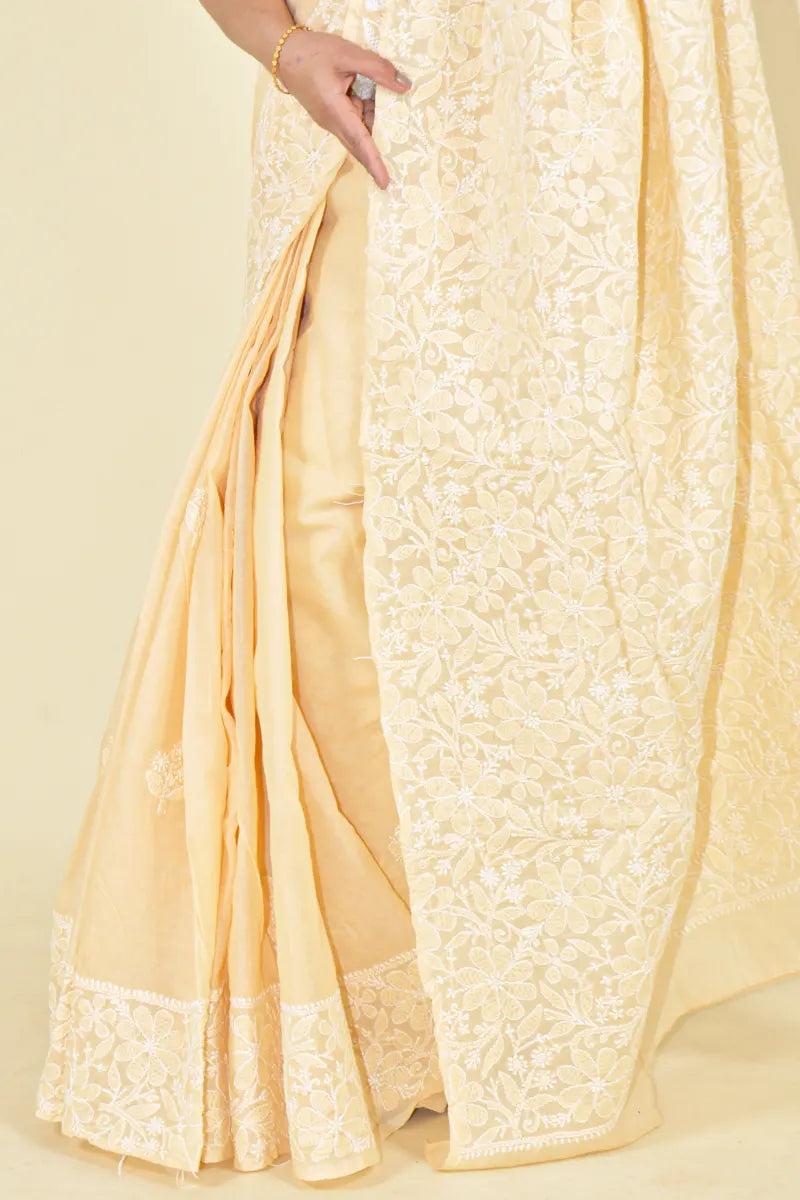 MeMaana Handcrafted Beige Cotton Chikankari Saree-Blouse MeMaana