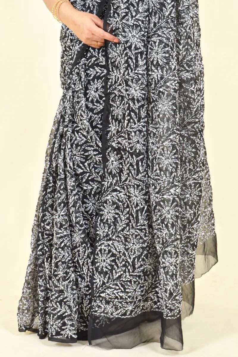 Fabnuma Handcrafted Black Georgette Chikankari Saree-Blouse - Fabnuma