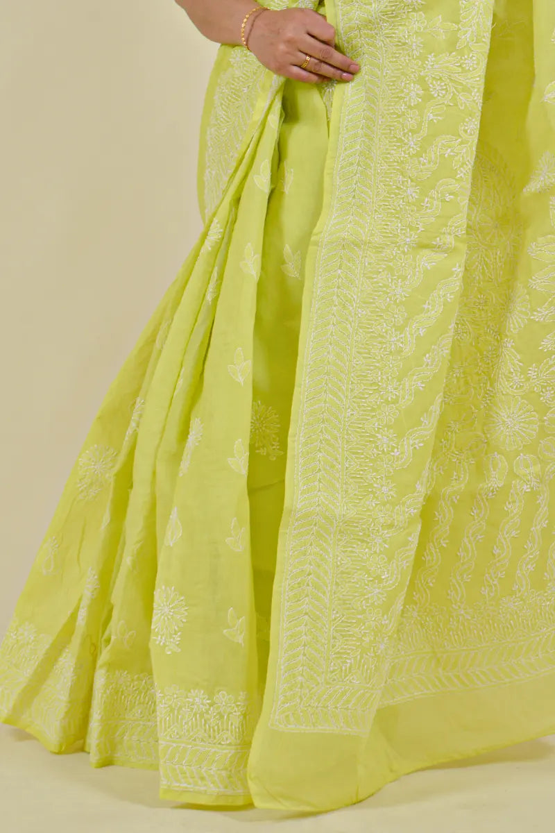 Fabnuma Handcrafted Lemon Green Cotton Chikankari Saree-Blouse - Fabnuma