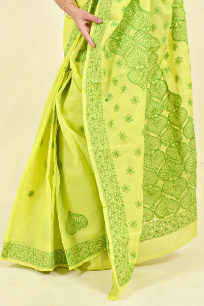 Fabnuma Handcrafted Green Cotton Chikankari Saree-Blouse - Fabnuma