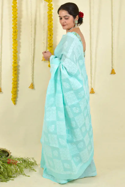 Fabnuma Handcrafted Sea Green Cotton Chikankari Saree-Blouse - Fabnuma