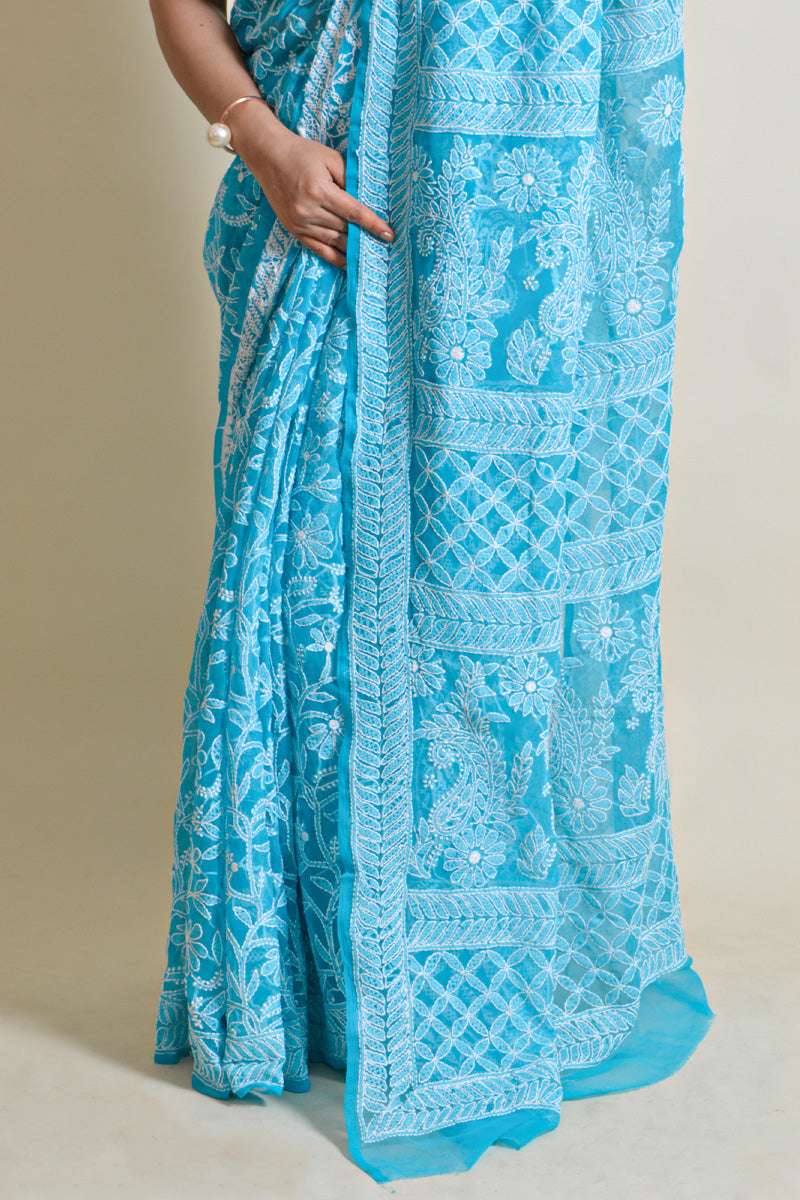 Fabnuma Handcrafted Turquoise Blue Georgette Chikankari Saree-Blouse - Fabnuma